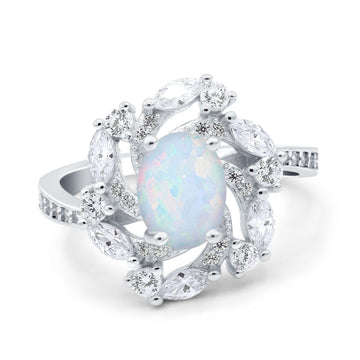 Oval Vintage Art Deco Engagement Ring Lab Created White Opal 925 Sterling Silver